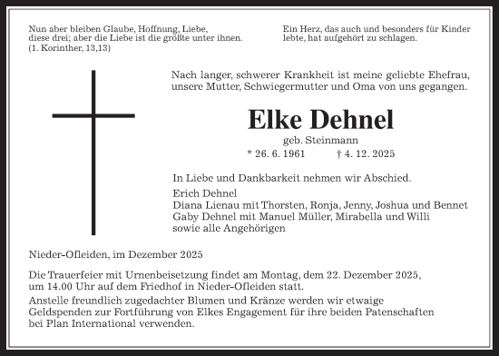 Traueranzeige von Elke Dehnel von Oberhessische Zeitung, Alsfelder Allgemeine