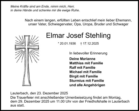 Traueranzeige von Elmar Josef Stehling von Lauterbacher Anzeiger