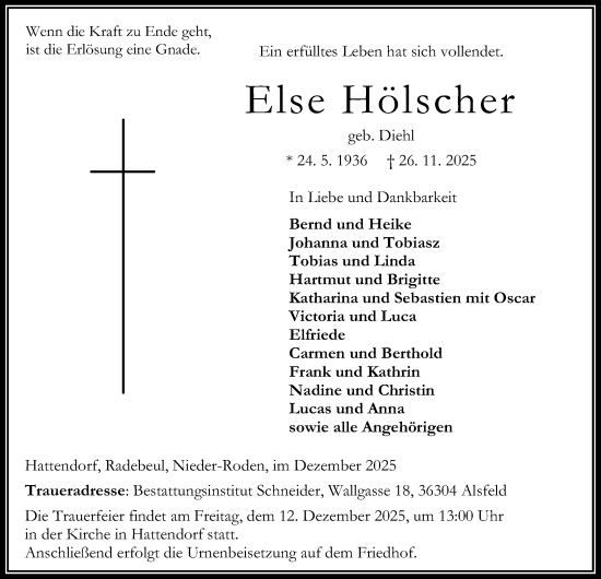 Traueranzeige von Else Hölscher von Oberhessische Zeitung