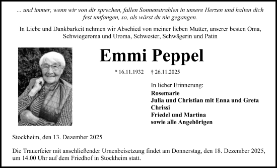 Traueranzeige von Emmi Peppel von Kreis-Anzeiger