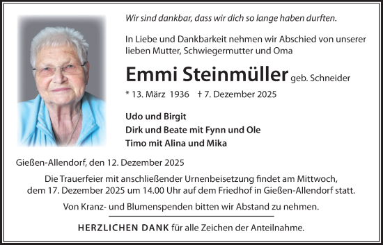 Traueranzeige von Emmi Steinmüller von Giessener Anzeiger, Giessener Allgemeine, Alsfelder Allgemeine