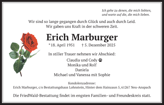 Traueranzeige von Erich Marburger von Bad Vilbel/Karben, Usinger Anzeigenblatt