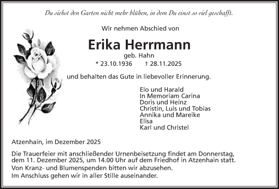 Traueranzeige von Erika Herrmann von Mücker Stimme, Giessener Allgemeine, Alsfelder Allgemeine