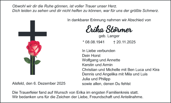 Traueranzeige von Erika Störmer von Oberhessische Zeitung, Alsfelder Allgemeine