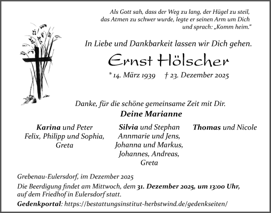 Traueranzeige von Ernst Hölscher von Oberhessische Zeitung