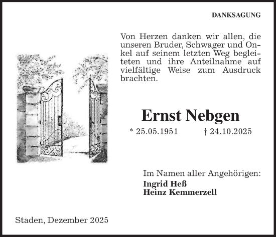 Traueranzeige von Ernst Nebgen von Wetterauer Zeitung