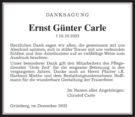Traueranzeige von Ernst Günter Carle von Giessener Anzeiger, Giessener Allgemeine, Alsfelder Allgemeine