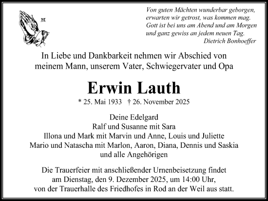 Traueranzeige von Erwin Lauth von Usinger Anzeiger, Usinger Anzeigenblatt