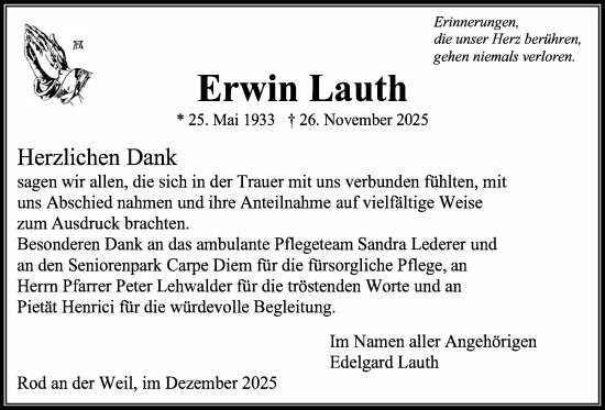 Traueranzeige von Erwin Lauth von Usinger Anzeiger, Usinger Anzeigenblatt