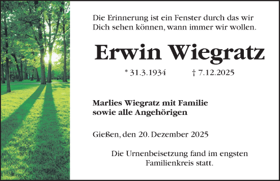 Traueranzeige von Erwin Wiegratz von Giessener Allgemeine, Alsfelder Allgemeine, Giessener Anzeiger