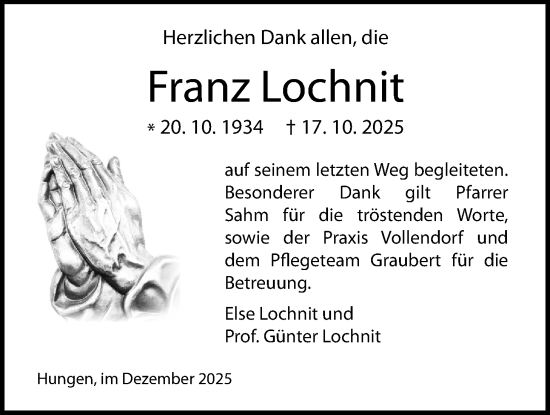 Traueranzeige von Franz Lochnit von Licher Wochenblatt