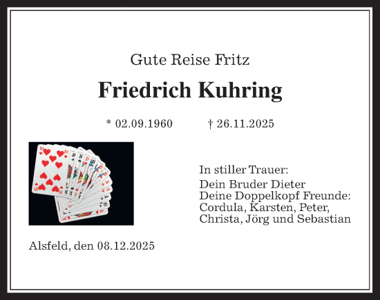 Traueranzeige von Friedrich Kuhring von Oberhessische Zeitung