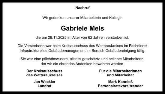 Traueranzeige von Gabriele Meis von Kreis-Anzeiger