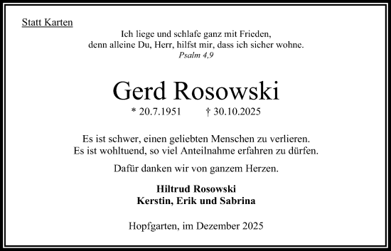 Traueranzeige von Gerd Rosowski von Oberhessische Zeitung