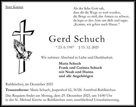 Traueranzeige von Gerd Schuch von Oberhessische Zeitung