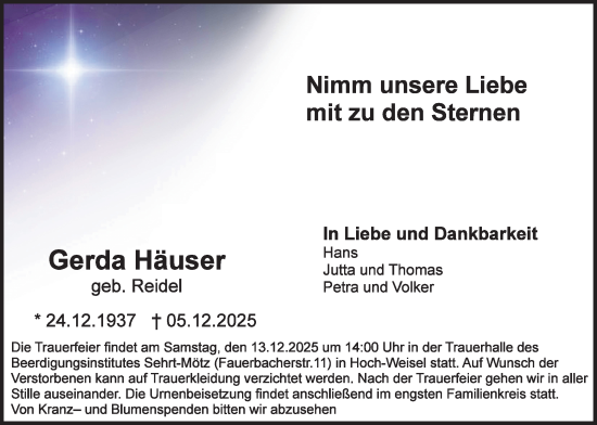 Traueranzeige von Gerda Häuser von Butzbacher Zeitung