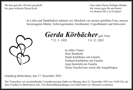 Traueranzeige von Gerda Körbächer von Giessener Allgemeine, Alsfelder Allgemeine