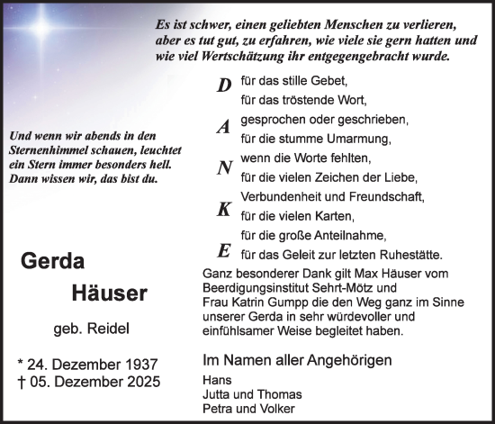 Traueranzeige von Gerda Sehrt-Métz von Butzbacher Zeitung