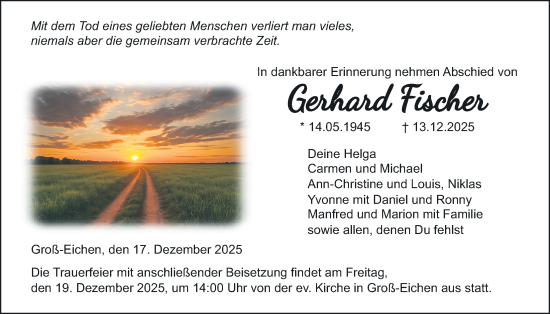Traueranzeige von Gerhard Fischer von Giessener Allgemeine, Alsfelder Allgemeine