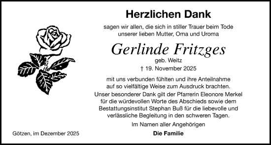 Traueranzeige von Gerlinde Fritzges von Kreis-Anzeiger