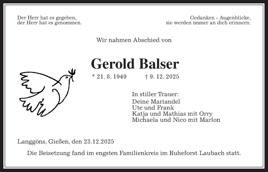 Traueranzeige von Gerold Balser von Alsfelder Allgemeine, Giessener Anzeiger, Giessener Allgemeine