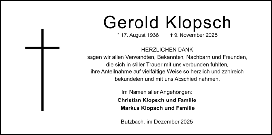 Traueranzeige von Gerold Klopsch von Butzbacher Zeitung
