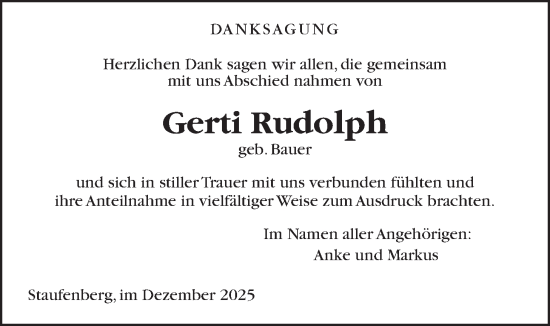 Traueranzeige von Gerti Rudolph von Giessener Anzeiger, Giessener Allgemeine, Alsfelder Allgemeine