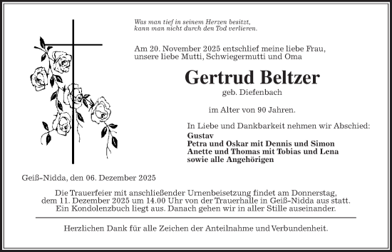 Traueranzeige von Gertrud Beltzer von Kreis-Anzeiger
