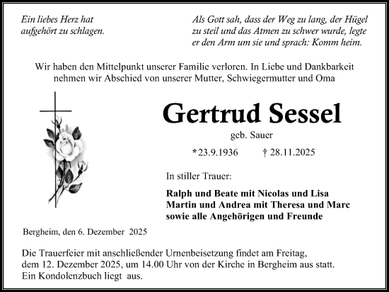 Traueranzeige von Gertrud Sessel von Kreis-Anzeiger