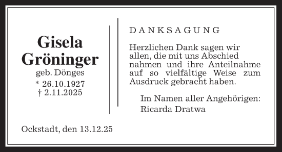 Traueranzeige von Gisela Gröninger von Wetterauer Zeitung