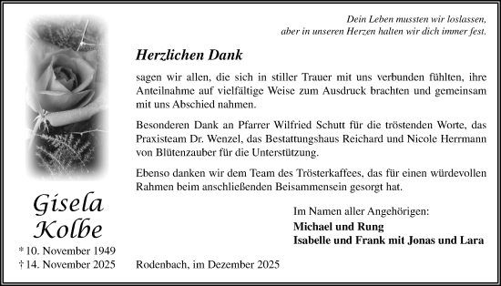 Traueranzeige von Gisela Kolbe 