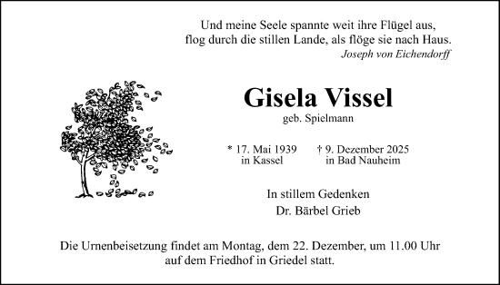 Traueranzeige von Gisela Vissel von Wetterauer Zeitung, Butzbacher Zeitung