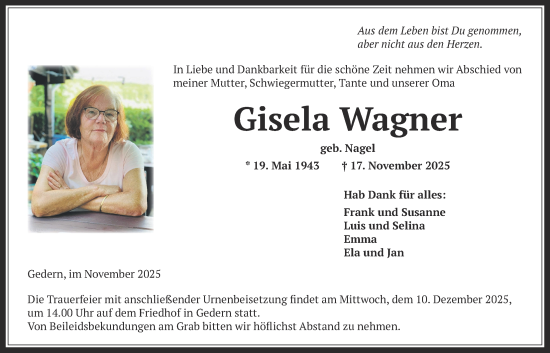 Traueranzeige von Gisela Wagner von Kreis-Anzeiger
