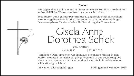 Traueranzeige von Gisela Anne Dorothea Schick von Kreis-Anzeiger, Butzbacher Zeitung