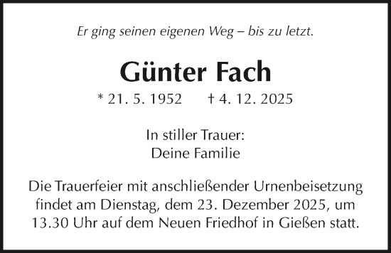 Traueranzeige von Günter Fach von Giessener Allgemeine, Alsfelder Allgemeine
