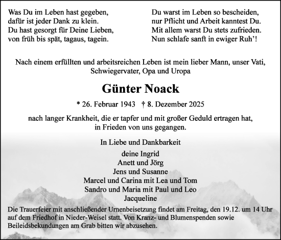 Traueranzeige von Günter Noack von Butzbacher Zeitung