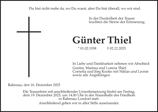 Traueranzeige von Günter Thiel von Giessener Allgemeine, Alsfelder Allgemeine