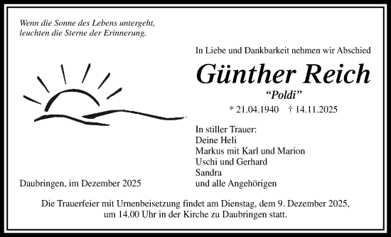 Traueranzeige von Günther Reich von Giessener Allgemeine, Alsfelder Allgemeine