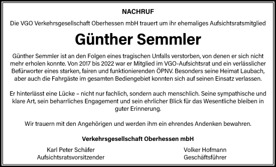 Traueranzeige von Günther Semmler von Giessener Allgemeine, Alsfelder Allgemeine, Giessener Anzeiger