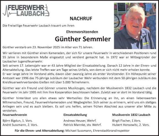 Traueranzeige von Günther Semmler von Giessener Allgemeine, Alsfelder Allgemeine, Giessener Anzeiger, Laubacher Anzeiger
