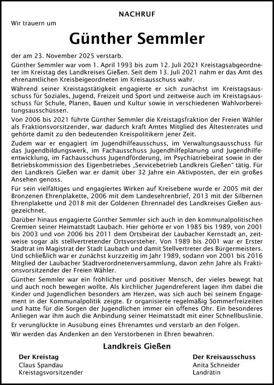 Traueranzeige von Günther Semmler von Giessener Allgemeine, Alsfelder Allgemeine, Giessener Anzeiger, Laubacher Anzeiger