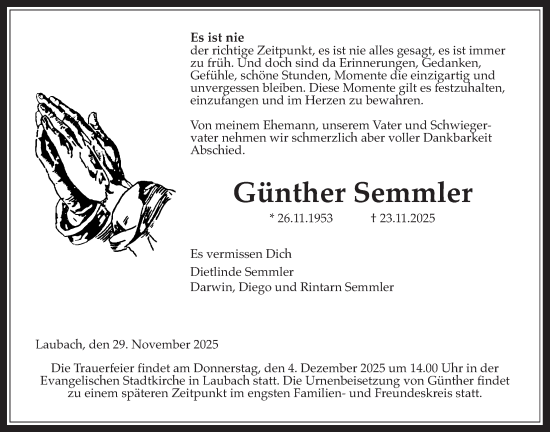 Traueranzeige von Günther Semmler von Giessener Allgemeine, Alsfelder Allgemeine, Giessener Anzeiger, Laubacher Anzeiger