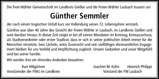 Traueranzeige von Günther Semmler von Giessener Allgemeine, Alsfelder Allgemeine, Giessener Anzeiger, Laubacher Anzeiger