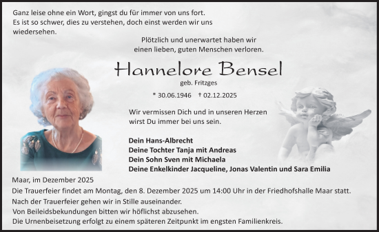 Traueranzeige von Hannelore Bensel von Lauterbacher Anzeiger