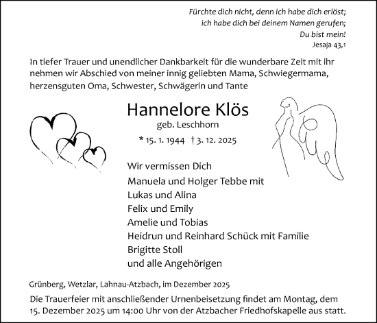 Traueranzeige von Hannelore Klös von Giessener Allgemeine, Alsfelder Allgemeine, Giessener Anzeiger