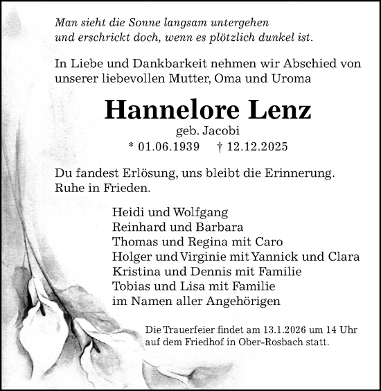 Traueranzeige von Hannelore Lenz von Wetterauer Zeitung