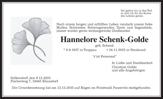 Traueranzeige von Hannelore Schenk-Golde von Wetterauer Zeitung