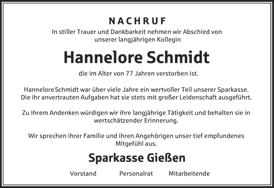Traueranzeige von Hannelore Schmidt von Giessener Allgemeine, Alsfelder Allgemeine, Giessener Anzeiger