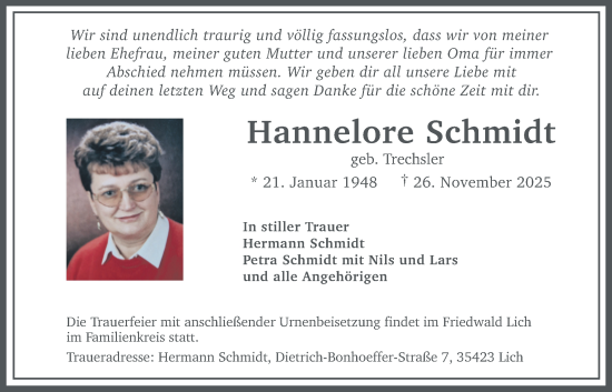 Traueranzeige von Hannelore Schmidt von Licher Wochenblatt