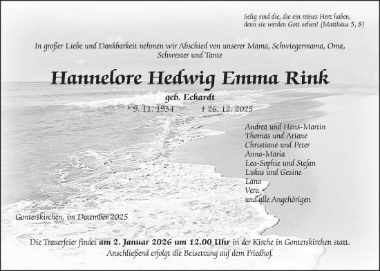 Traueranzeige von Hannelore Hedwig Emma Rink von Giessener Allgemeine, Alsfelder Allgemeine